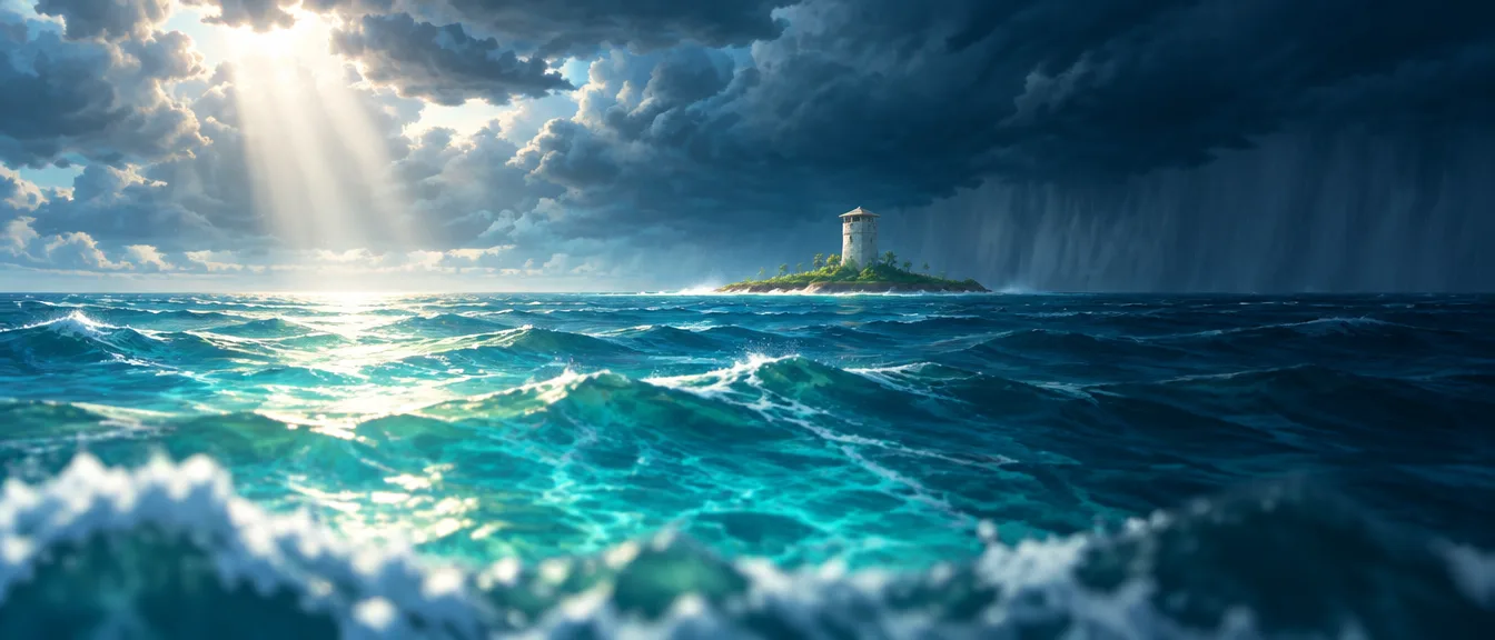 Laut lepas musim Kusi: ombak teal di bawah badai, berkas cahaya menembus awan, menara jaga di pulau karang yang jauh.