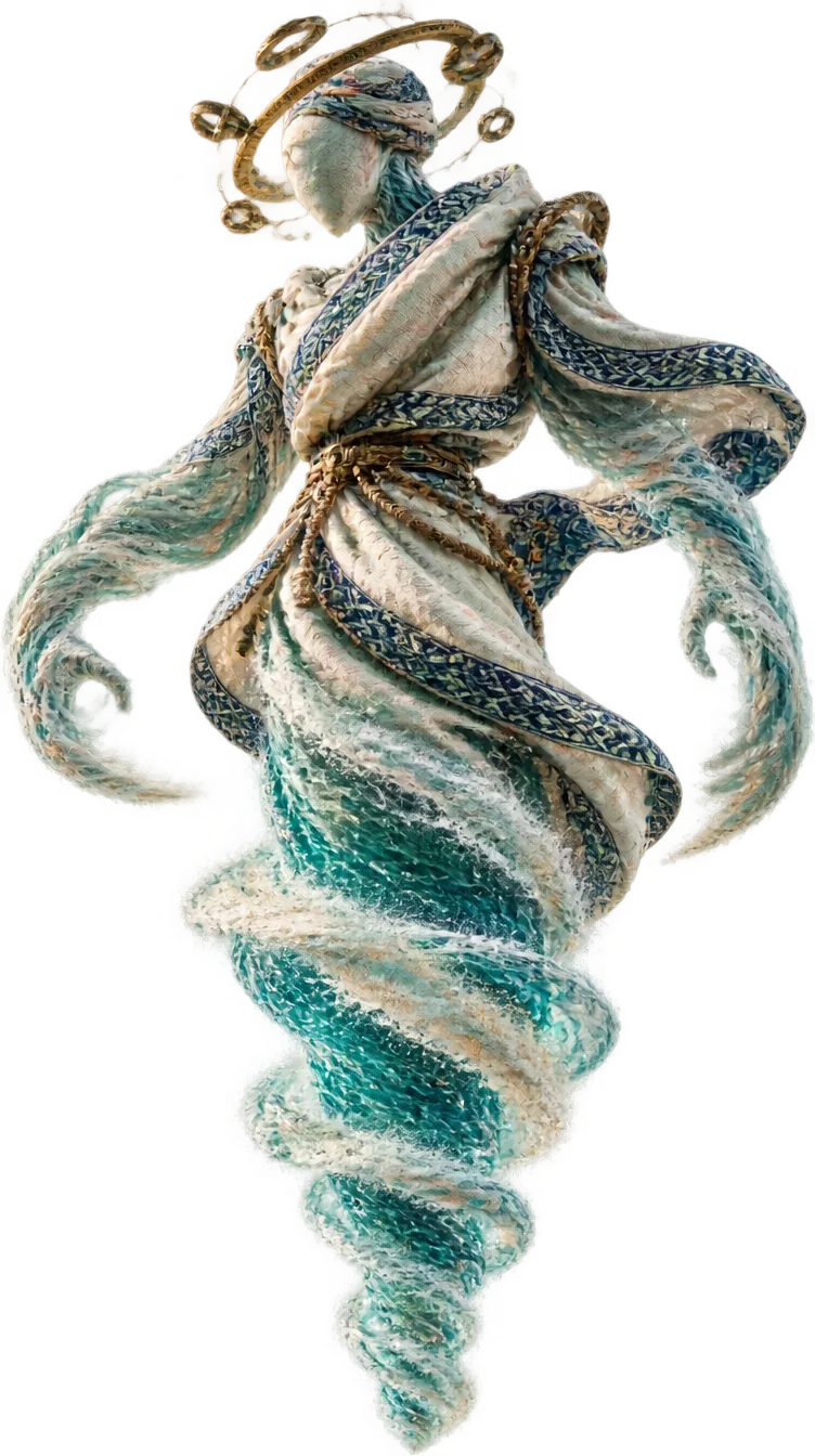 Jinn of the Turning Wind: sosok tinggi dari pusaran angin, buih, dan kain layar bermotif nila, dengan cincin kuningan melayang di kepala.