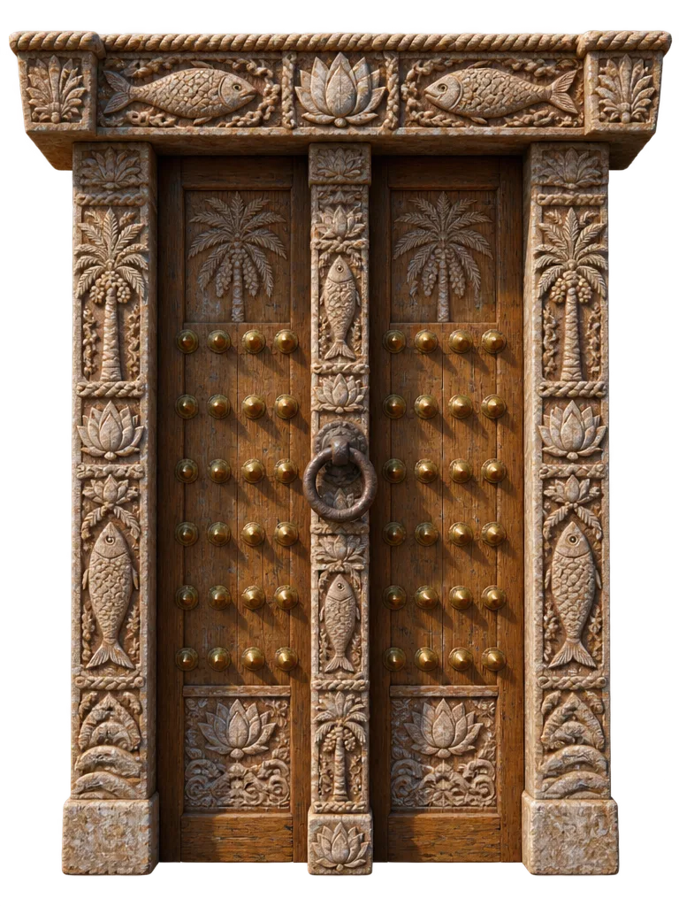 Pintu kayu jati berukir ikan, teratai, dan kurma, berpaku kuningan, dengan cincin besi di tengah.